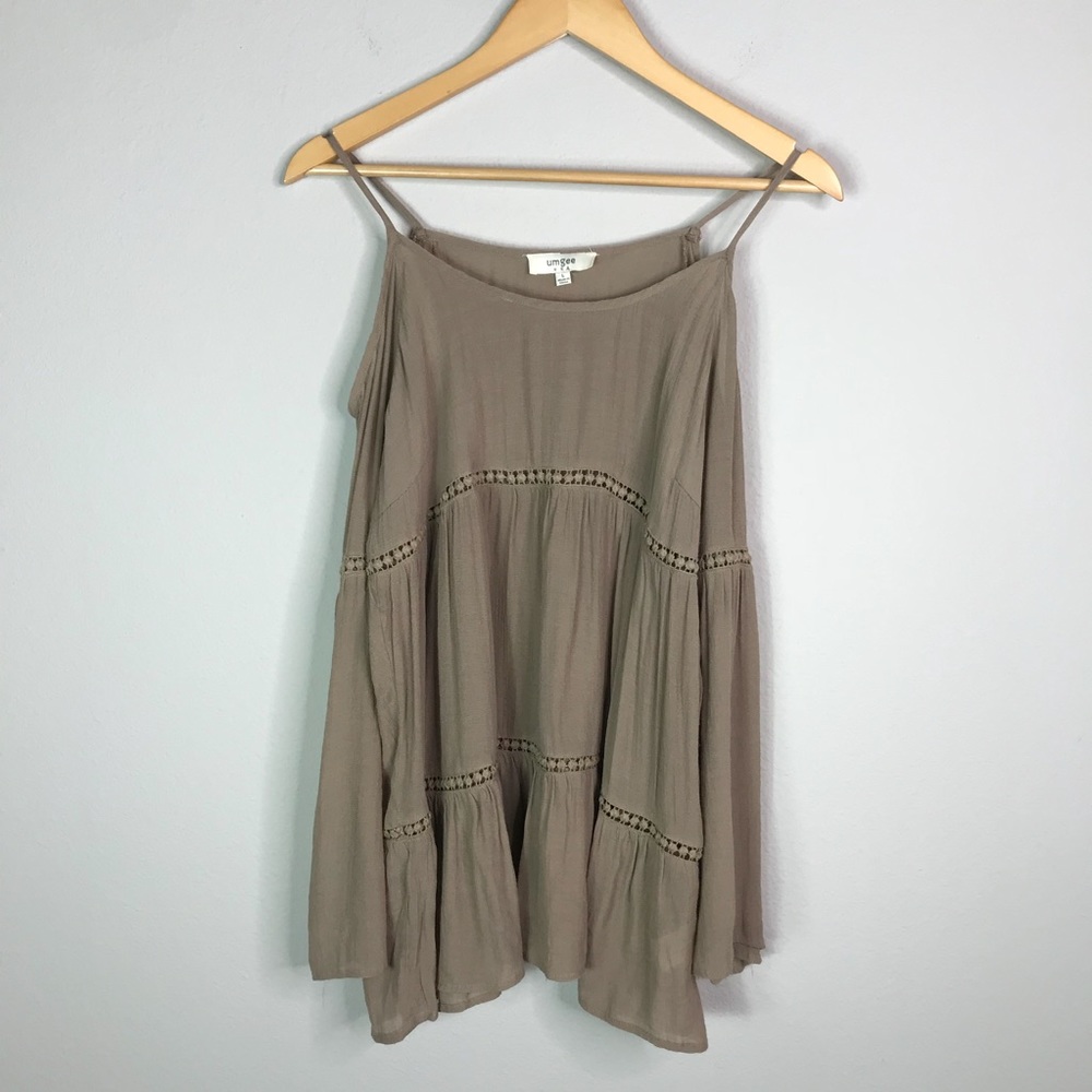 UMGEE Taupe Open Shoulder Boho Ruffle Blouse